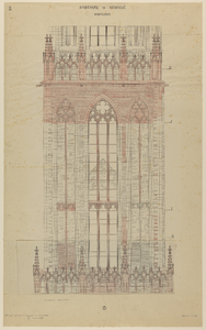 217432 Aanzicht van de westgevel van het tweede vierkant van de Domtoren te Utrecht. (ingekleurde en van enkele ...
